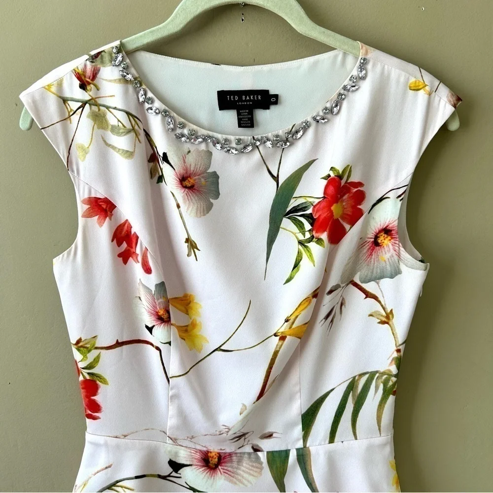 Ted Baker Irisola Pink Floral Jeweled Neck Cap Sleeve Mini Dress Cocktail Size 0 - Picture 6 of 10